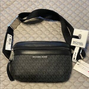 Michael Kors Black and Gray Belt Bag with Monogram Print